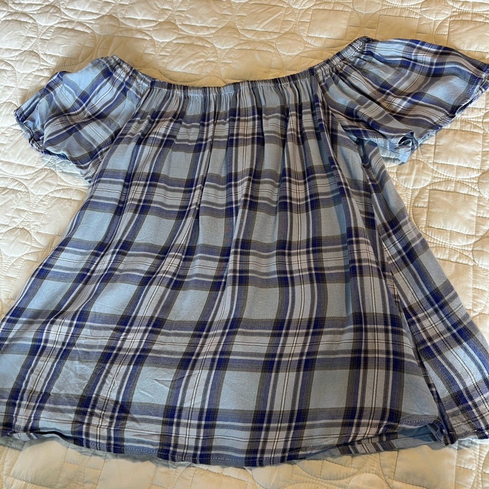Express, blue, off the shoulder, checkered blouse